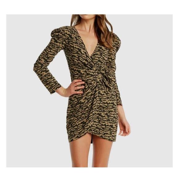 Bardot Dresses & Skirts - Bardot Animal Print Tracey Twist Black Puff Long Sleeves Mini Wrap Dress Size S